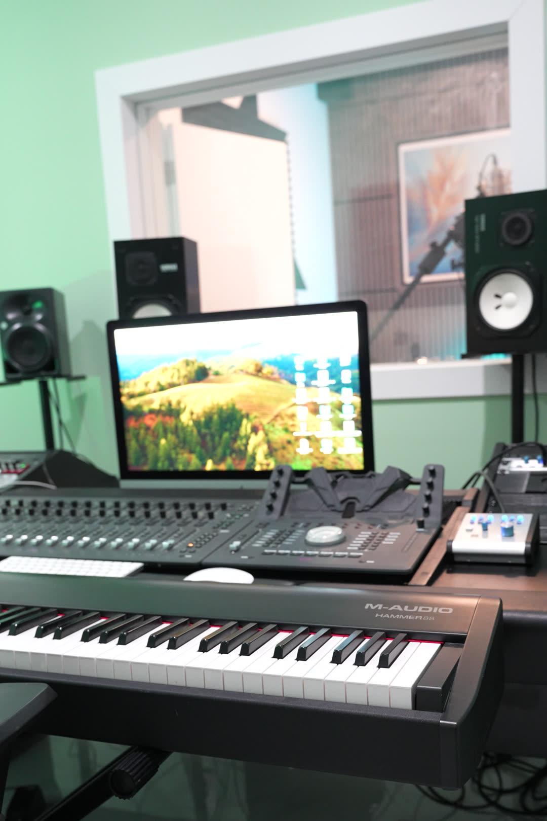 The control desk with monitors and keyboard workstation